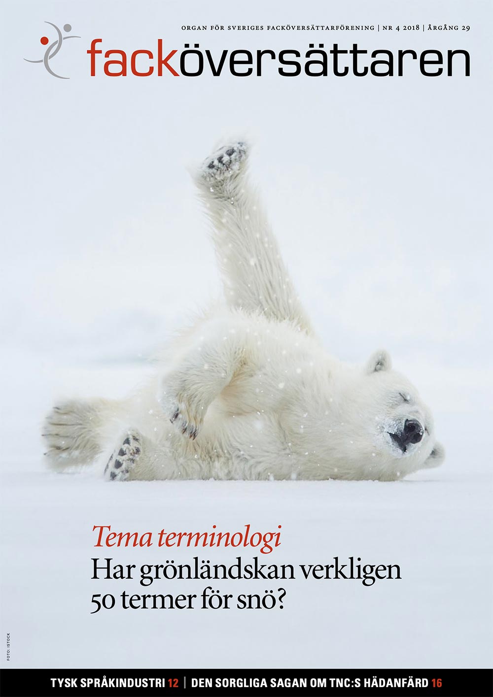 Cover of the translation magazine Facköversättaren-4-2018 with a polar bear in a snowy landscape rolling in the snow