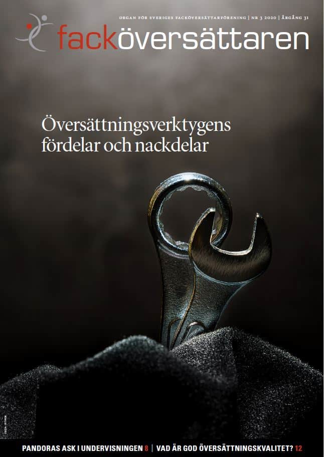 Front page of the translator's journal Facköversättaren-3-2020, showing tools against a dark gray background